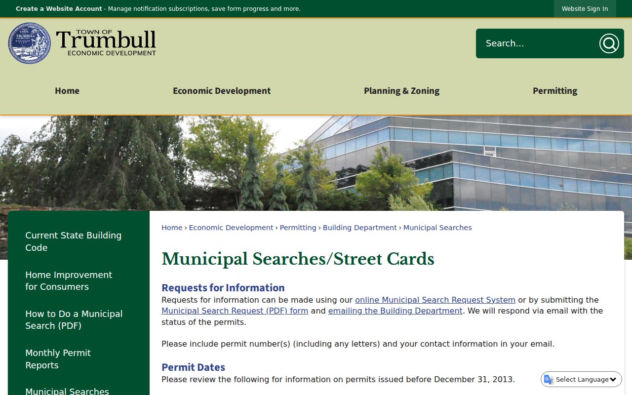 Trumbull street directory municipal permit and street-card search route