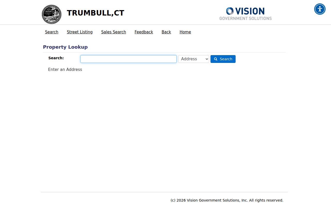 Trumbull street directory Vision address and parcel search fields