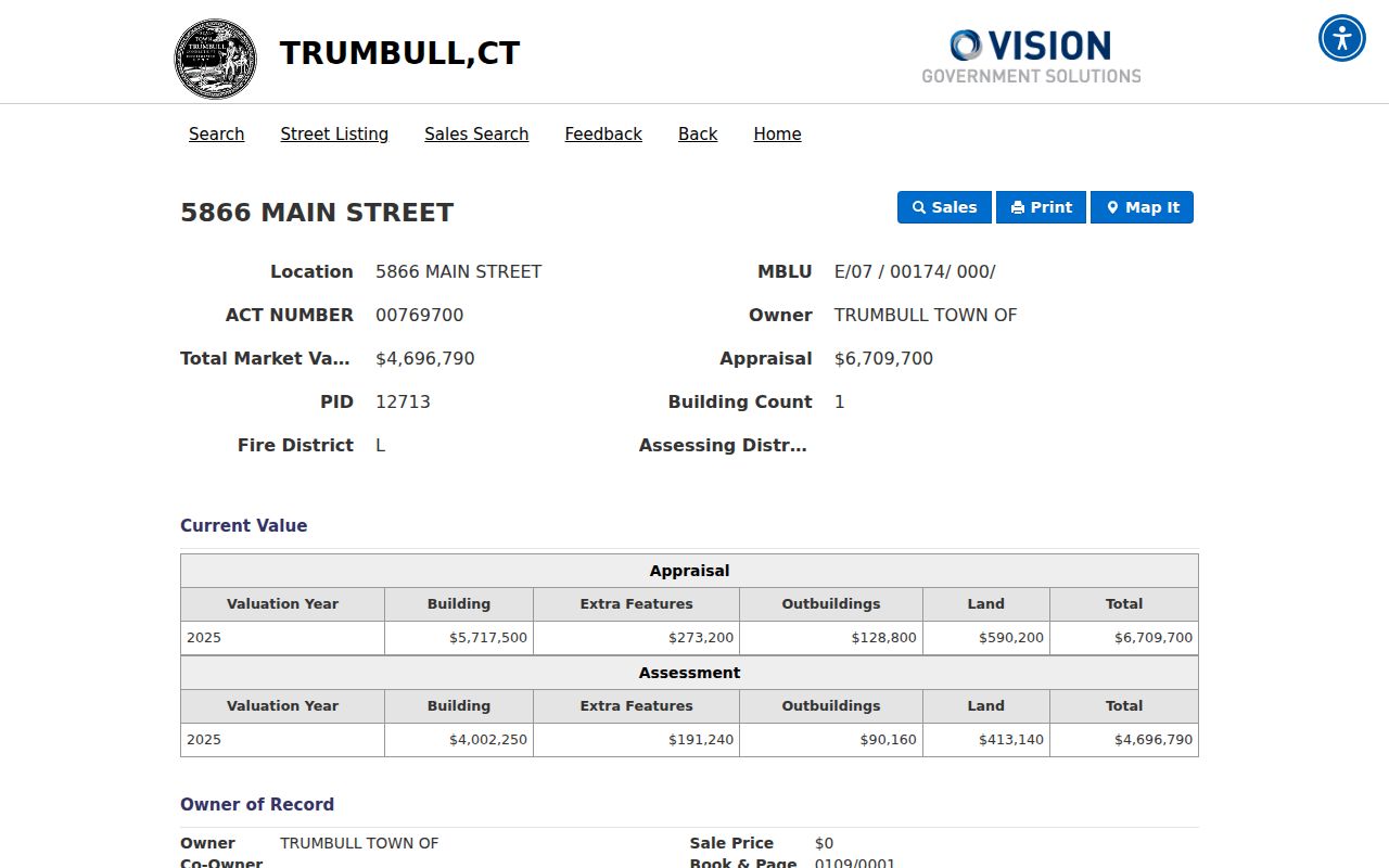 Trumbull street directory sample parcel card with PID and deed pointer
