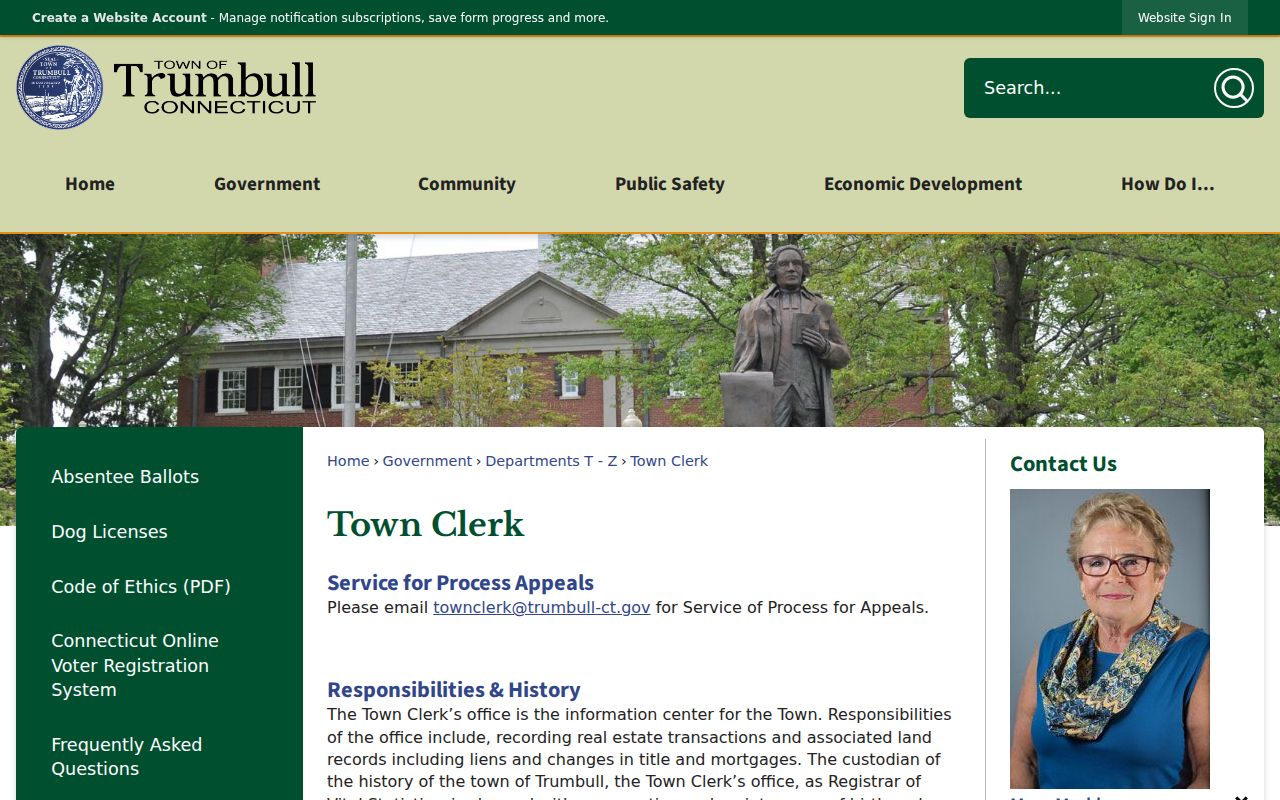Trumbull residents directory Town Clerk records page