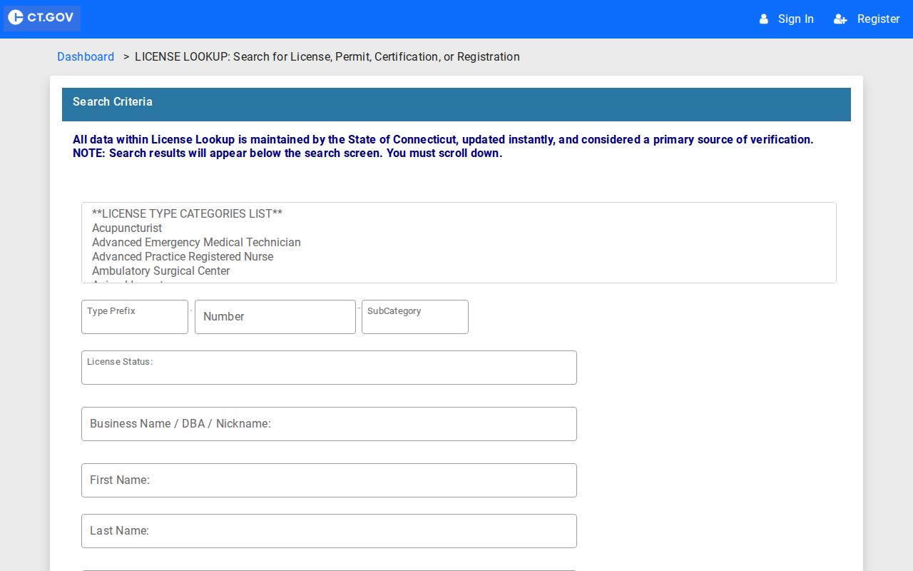 Trumbull resident lookup eLicense city state and ZIP fields